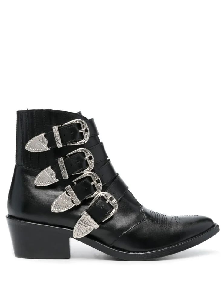 Cowboy Buckle-Strap Mid Heel Boots